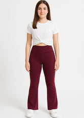 Women's High-Waist Flared Leggings – Wine Red | Stretchy, Sculpting, and Stylish